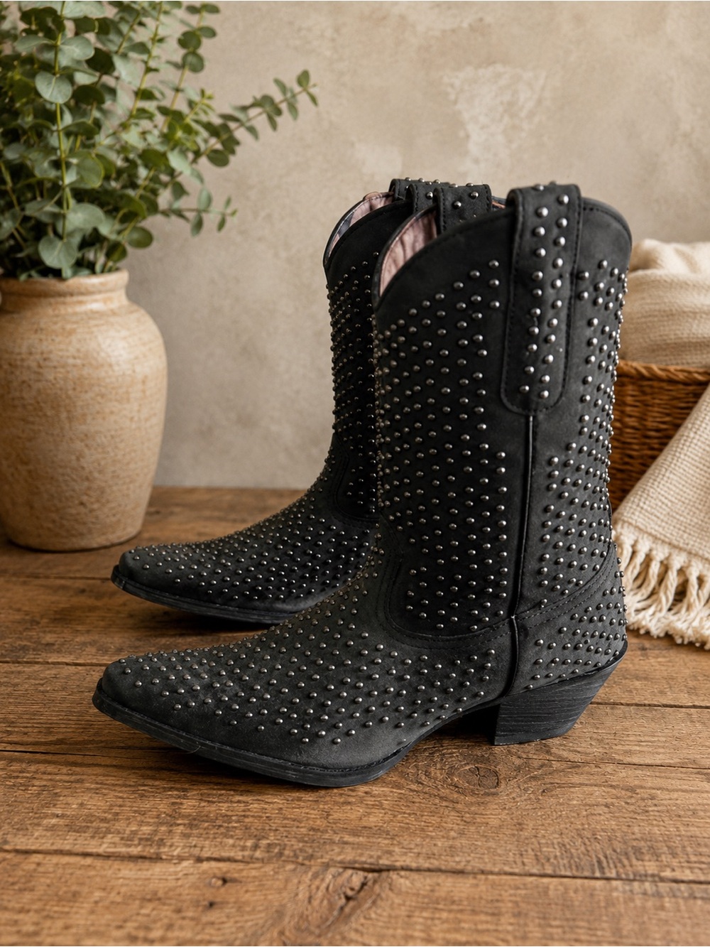 Laredo All Over Studded Cowboy Cowgirl Western Boots Womens‎ 9M Black Charcoal